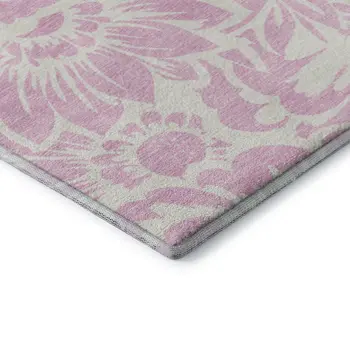 8' Pink And Ivory Floral Washable Round Rug With UV Protection