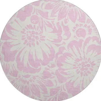 8' Pink And Ivory Floral Washable Round Rug With UV Protection
