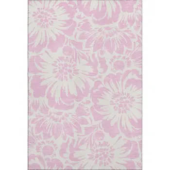 10' X 14' Pink And Ivory Floral Washable Area Rug With UV Protection