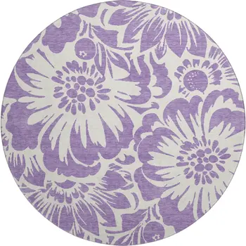 8' Purple And Ivory Floral Washable Round Rug With UV Protection