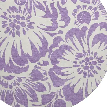 8' Purple And Ivory Floral Washable Round Rug With UV Protection