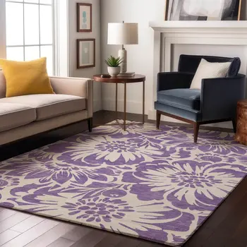 8' X 10' Purple And Ivory Floral Washable Area Rug With UV Protection