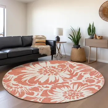 8' Salmon And Ivory Floral Washable Round Rug With UV Protection