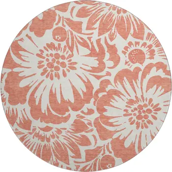 8' Salmon And Ivory Floral Washable Round Rug With UV Protection