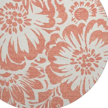8' Salmon And Ivory Floral Washable Round Rug With UV Protection