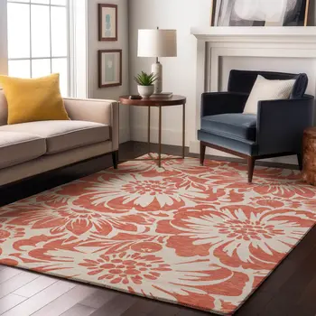 10' X 14' Salmon And Ivory Floral Washable Area Rug With UV Protection