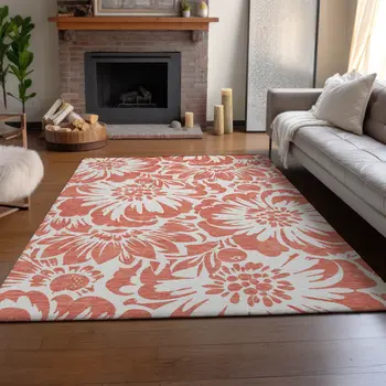 10' X 14' Salmon And Ivory Floral Washable Area Rug With UV Protection