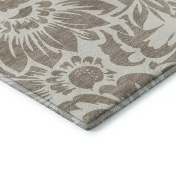 5' X 8' Taupe And Ivory Floral Washable Area Rug With UV Protection
