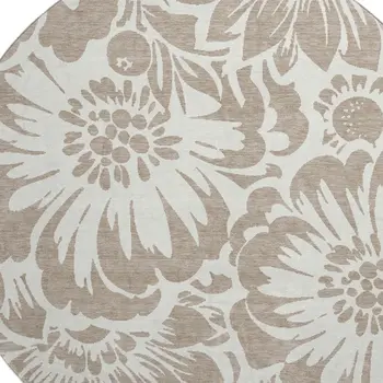 8' Taupe And Ivory Floral Washable Round Rug With UV Protection
