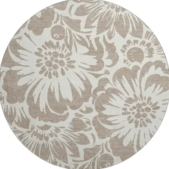 8' Taupe And Ivory Floral Washable Round Rug With UV Protection