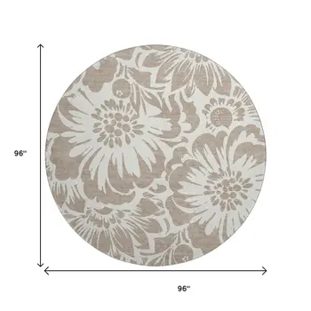 8' Taupe And Ivory Floral Washable Round Rug With UV Protection