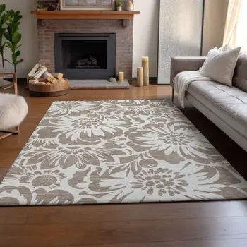 8' X 10' Taupe And Ivory Floral Washable Area Rug With UV Protection