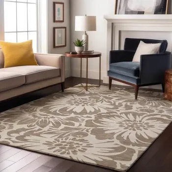 10' X 14' Taupe And Ivory Floral Washable Area Rug With UV Protection