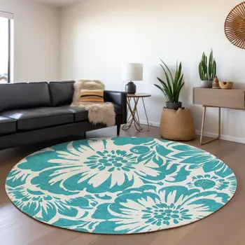 8' Teal And Ivory Floral Washable Round Rug With UV Protection