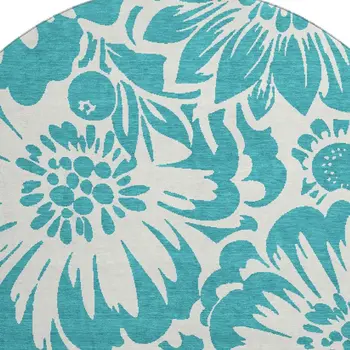 8' Teal And Ivory Floral Washable Round Rug With UV Protection