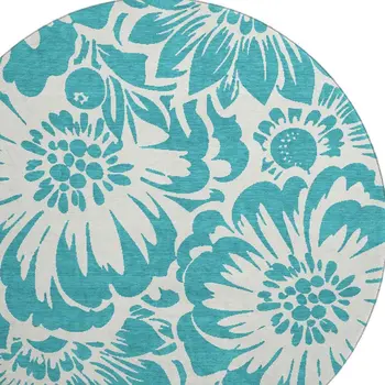 8' Teal And Ivory Floral Washable Round Rug With UV Protection