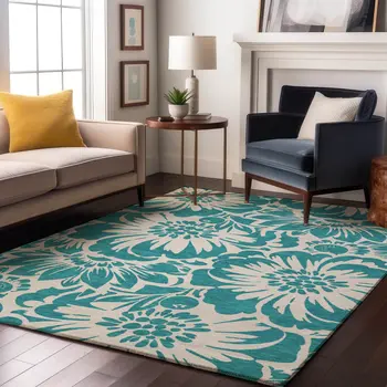 10' X 14' Teal And Ivory Floral Washable Area Rug With UV Protection