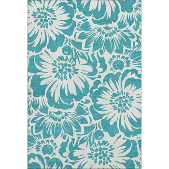10' X 14' Teal And Ivory Floral Washable Area Rug With UV Protection