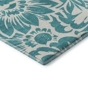 10' X 14' Teal And Ivory Floral Washable Area Rug With UV Protection