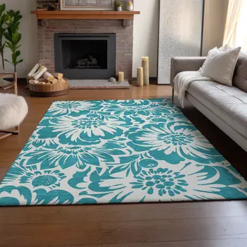 10' X 14' Teal And Ivory Floral Washable Area Rug With UV Protection