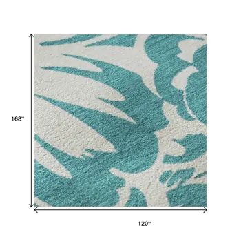 10' X 14' Teal And Ivory Floral Washable Area Rug With UV Protection
