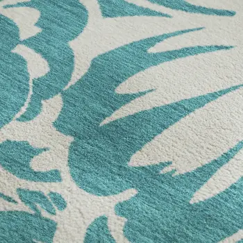 10' X 14' Teal And Ivory Floral Washable Area Rug With UV Protection