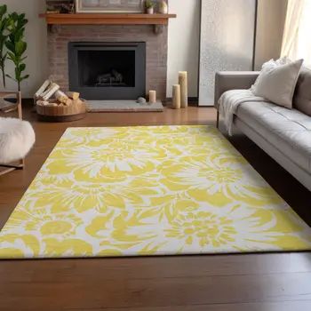 3' X 5' Yellow And Ivory Floral Washable Area Rug With UV Protection