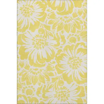 10' X 14' Yellow And Ivory Floral Washable Area Rug With UV Protection