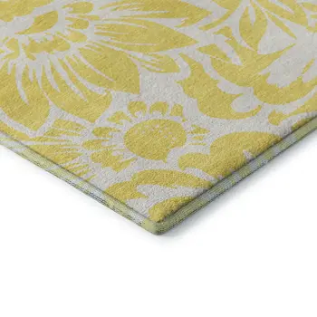 10' X 14' Yellow And Ivory Floral Washable Area Rug With UV Protection
