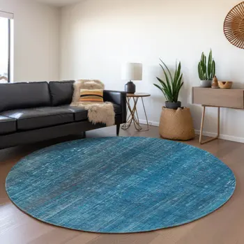 8' Blue And Gray Striped Washable Round Rug With UV Protection
