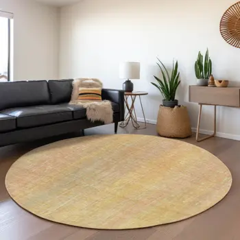 8' Blush And Gold Striped Washable Round Rug With UV Protection