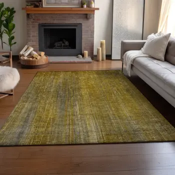 8' X 10' Chocolate And Gold Striped Washable Area Rug With UV Protection
