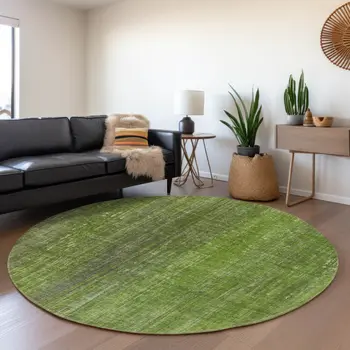 8' Green And Gray Striped Washable Round Rug With UV Protection