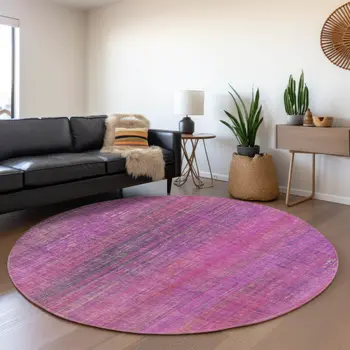 8' Lilac And Blush Striped Washable Round Rug With UV Protection