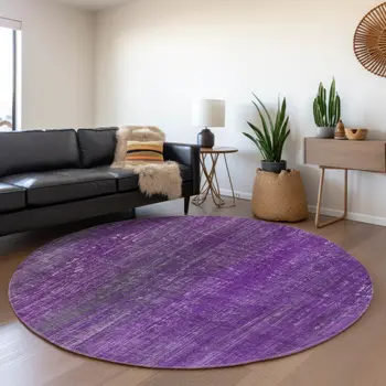 8' Purple And Ivory Striped Washable Round Rug With UV Protection