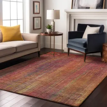 5' X 8' Red Yellow And Orange Striped Washable Area Rug With UV Protection