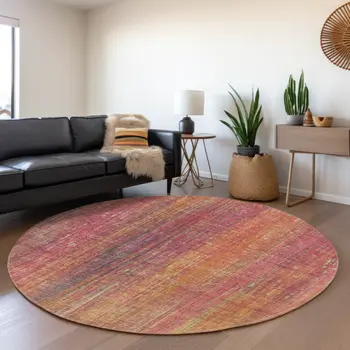 8' Red Yellow And Orange Striped Washable Round Rug With UV Protection