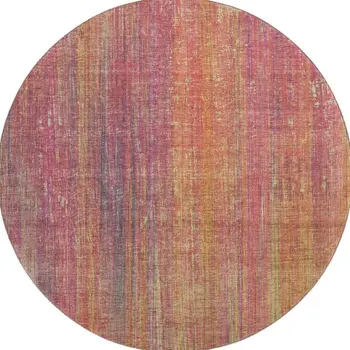 8' Red Yellow And Orange Striped Washable Round Rug With UV Protection