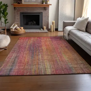 8' X 10' Red Yellow And Orange Striped Washable Area Rug With UV Protection