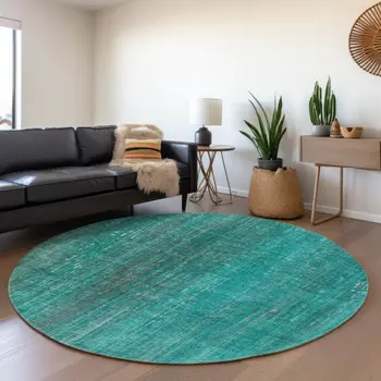 8' Teal And Ivory Striped Washable Round Rug With UV Protection