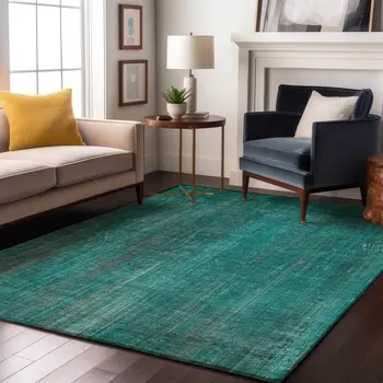 8' X 10' Teal And Ivory Striped Washable Area Rug With UV Protection
