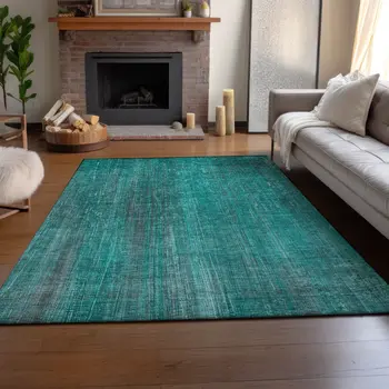 10' X 14' Teal And Ivory Striped Washable Area Rug With UV Protection