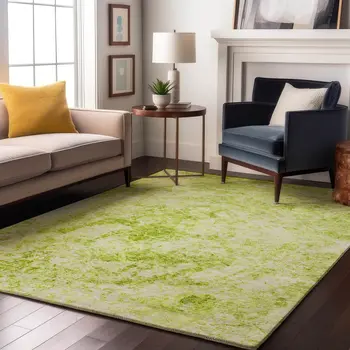 9' X 12' Fern Green And Ivory Abstract Washable Area Rug With UV Protection