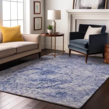 5' X 8' Blue And Ivory Abstract Washable Area Rug With UV Protection
