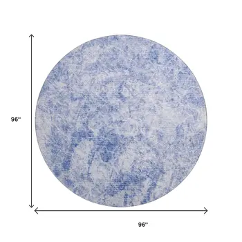8' Blue And Ivory Abstract Washable Round Rug With UV Protection
