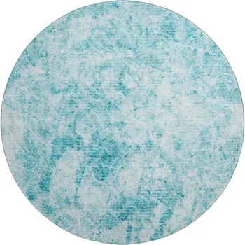 8' Teal And Ivory Abstract Washable Round Rug With UV Protection