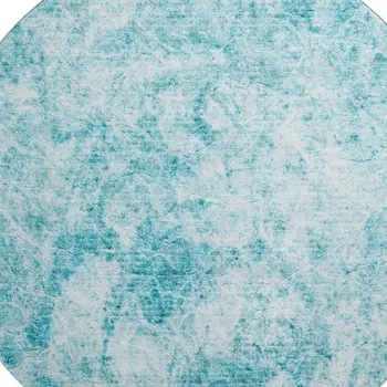 8' Teal And Ivory Abstract Washable Round Rug With UV Protection