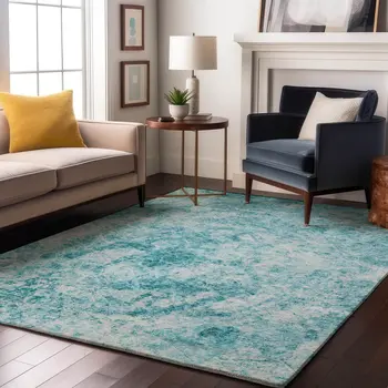 10' X 14' Teal And Ivory Abstract Washable Area Rug With UV Protection