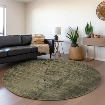 8' Gray And Silver Abstract Washable Round Rug With UV Protection