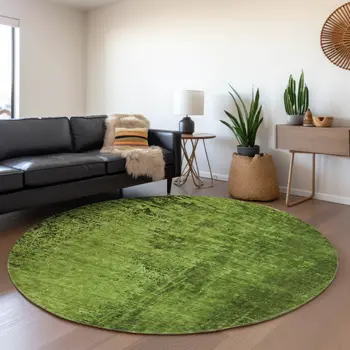 8' Green And Gray Abstract Washable Round Rug With UV Protection